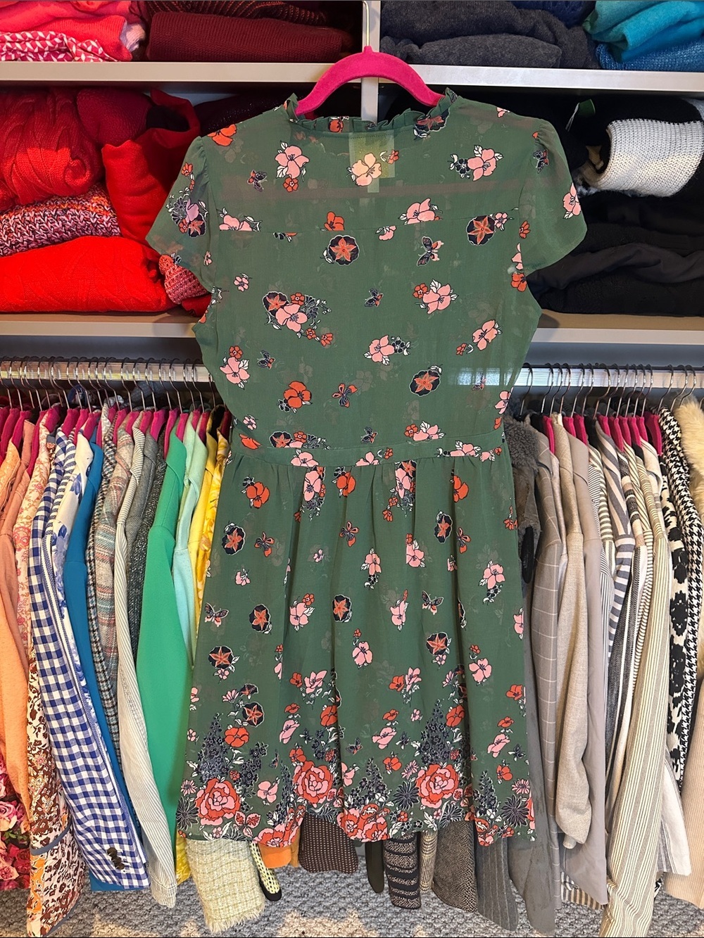 ModCloth green/pink floral cap sleeve side zipper closure dress size M - Picture 3 of 4